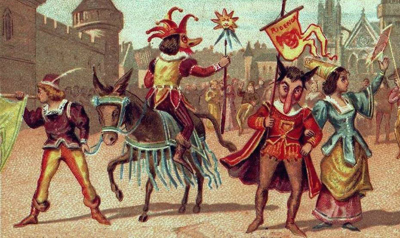 A historical carnival procession with masked figures, mock authorities, and musicians.