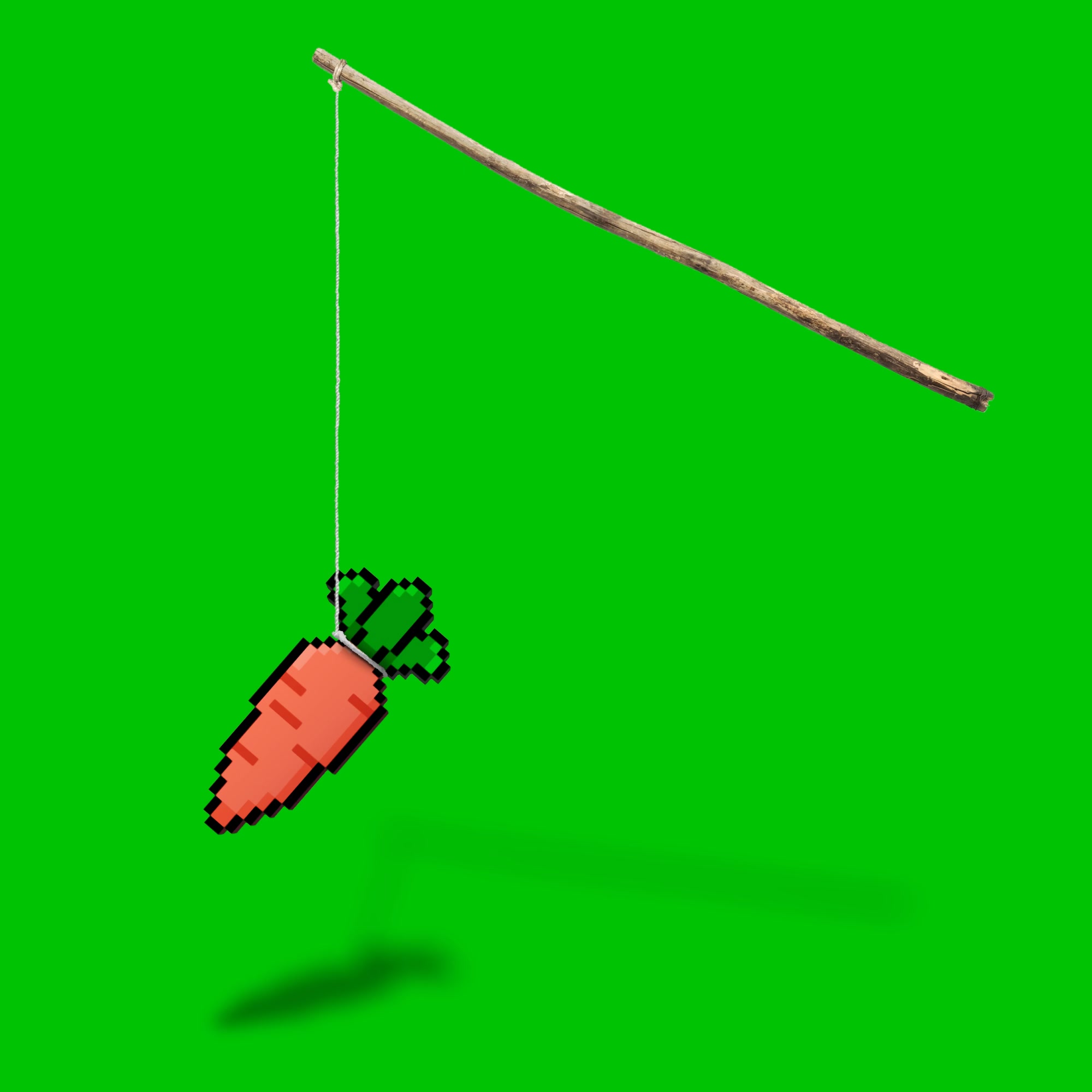 A pixelated carrot dangles from a wooden stick against a bright green background.
