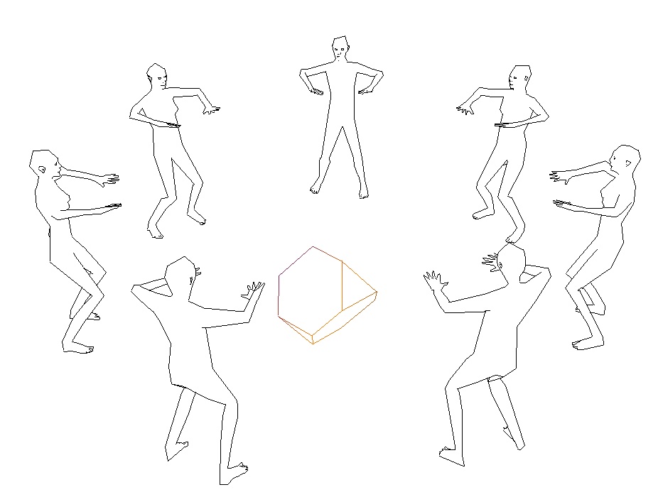 Line-drawn figures circle and respond to a geometric form.