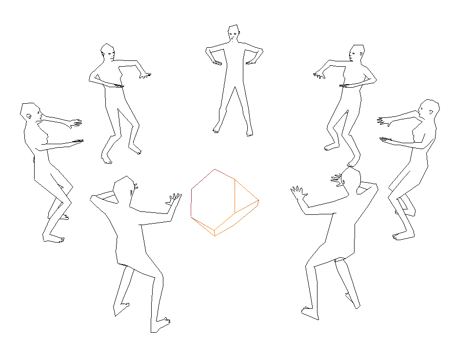 Line-drawn figures circle and respond to a geometric form.