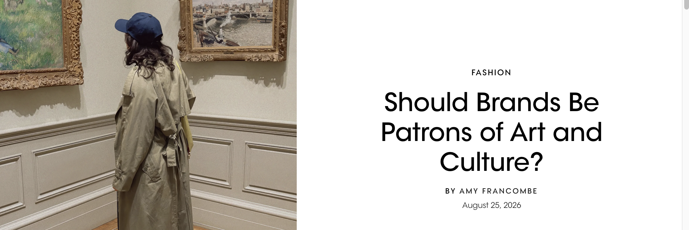 The Vogue headline Should Brands Be Patrons of Art and Culture? beside a museum visitor looking at framed paintings.